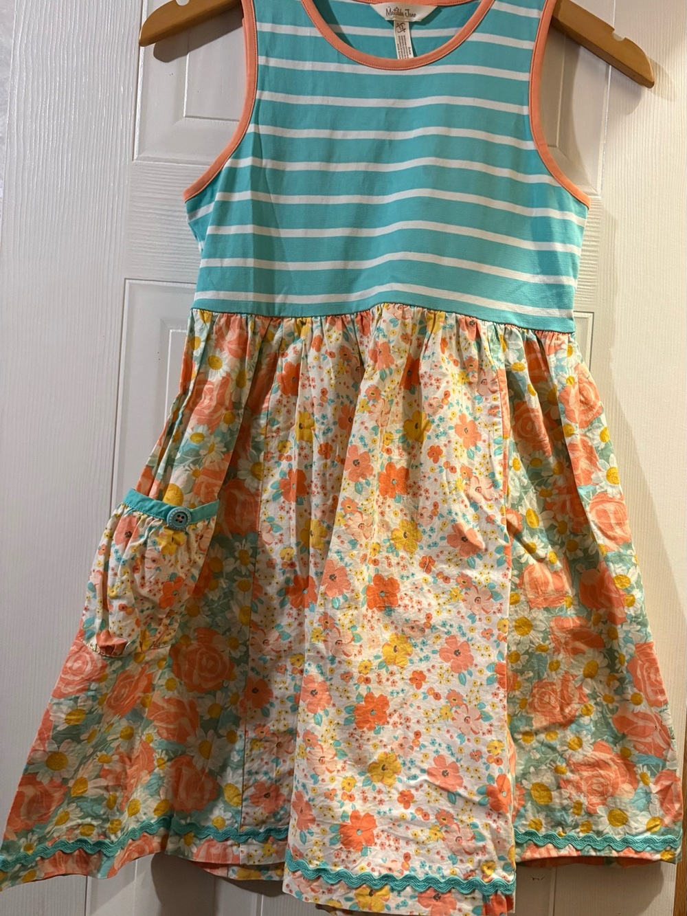 Matilda Jane Aqua Stripe and Coral Floral Pocket Dress